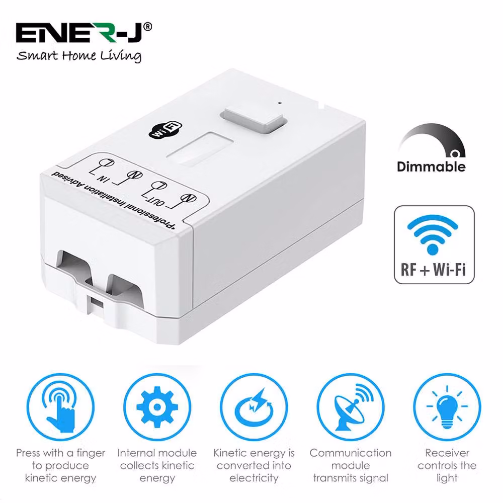 ENER-J 1 Gang Wireless Kinetic Dimmer Switch, Black, 100W RF WiFi Compatible – 3
