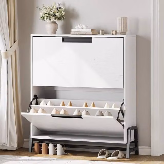 VOGREX Modern White Shoe Cabinet with 2 Tilting Compartments and Internal Shelves