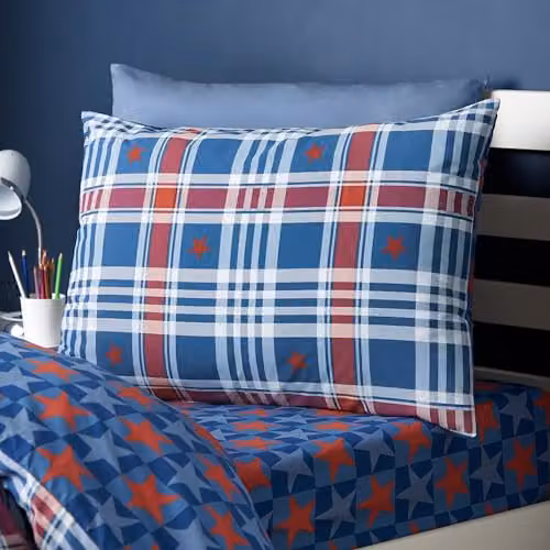 Catherine Lansfield Stars and Check Reversible Childrens Duvet Cover and Pillowcase Set, Blue – 2