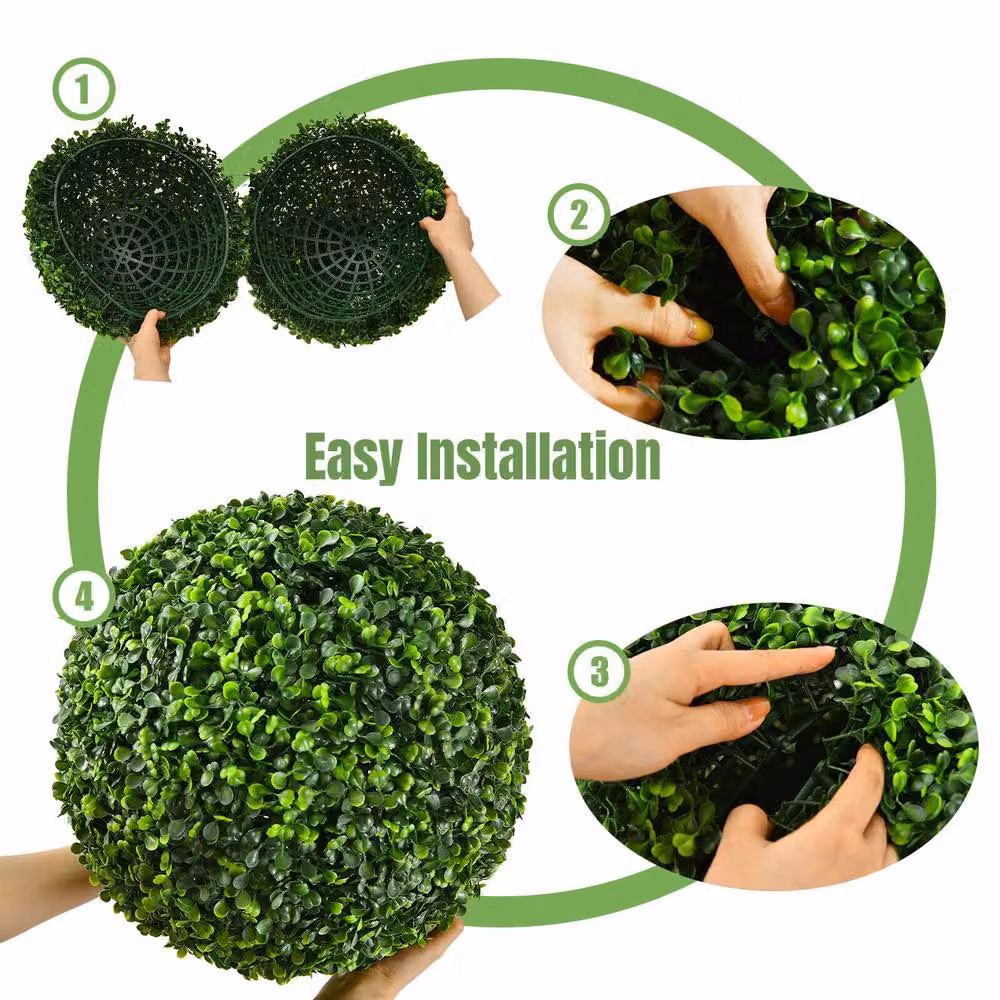 Costway Set of 2 Green Artificial Round Topiary Potted Plants for Home and Garden Decor – 4