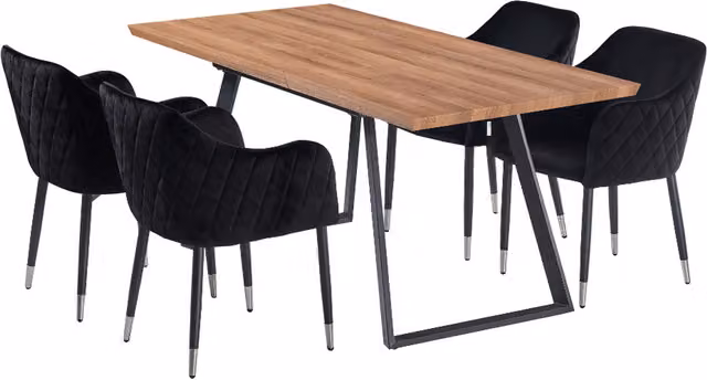 Life Interiors Verona Toga LUX Dining Set with Rectangular Wood Table and 4 Black Velvet Chairs