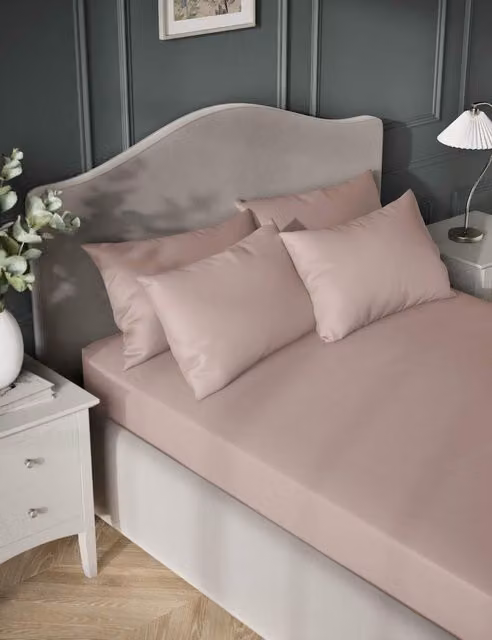 M&S Egyptian Cotton 400 Thread Count Mako Satin Deep Fitted Sheet, Pink, W/D/H: 140 x 200 x 30 cm