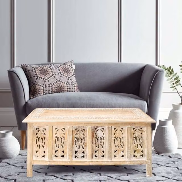 Topfurnishing Antique Floral Carved Rectangular Wood Coffee Table in Brown, Yellow and Beige