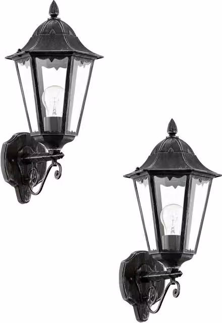 Loops 2 Pack IP44 Outdoor Wall Lanterns in Black and Silver Patina with Glass and Aluminium Construction, E27 60W Up Light