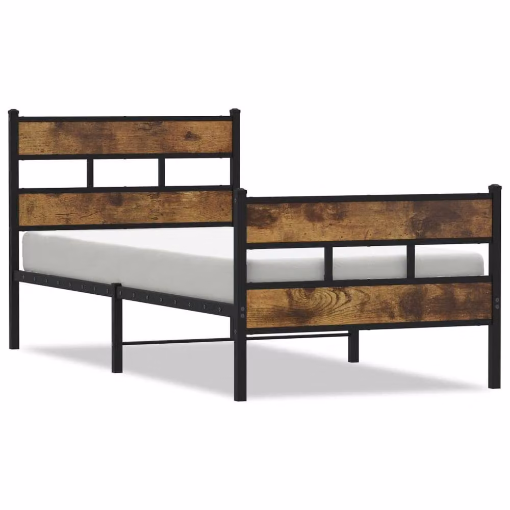 Berkfield Home Metal and Wood Bed Frame in Smoked Oak and Brown, W/D/H: 80 x 200 cm – 3