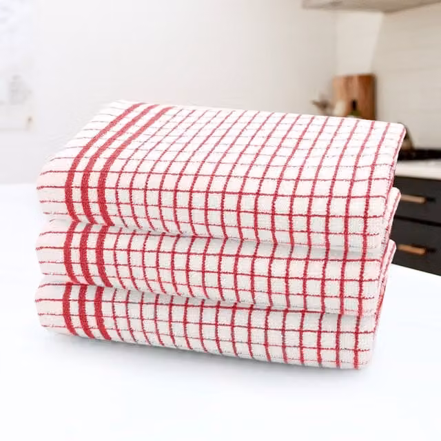 Kitchen Trends Set of 3 Highly Absorbent Striped Cotton Tea Towels in Red