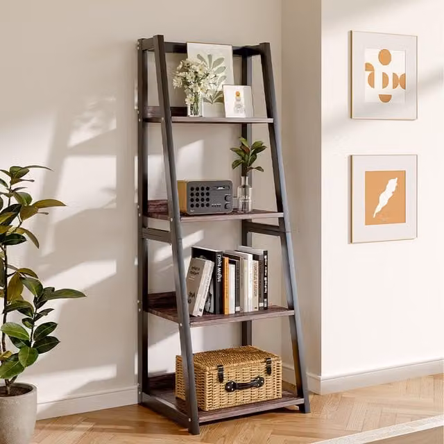 Komore Industrial Open-Style Ladder Bookshelf with Trapezoid Design in Brown and Black