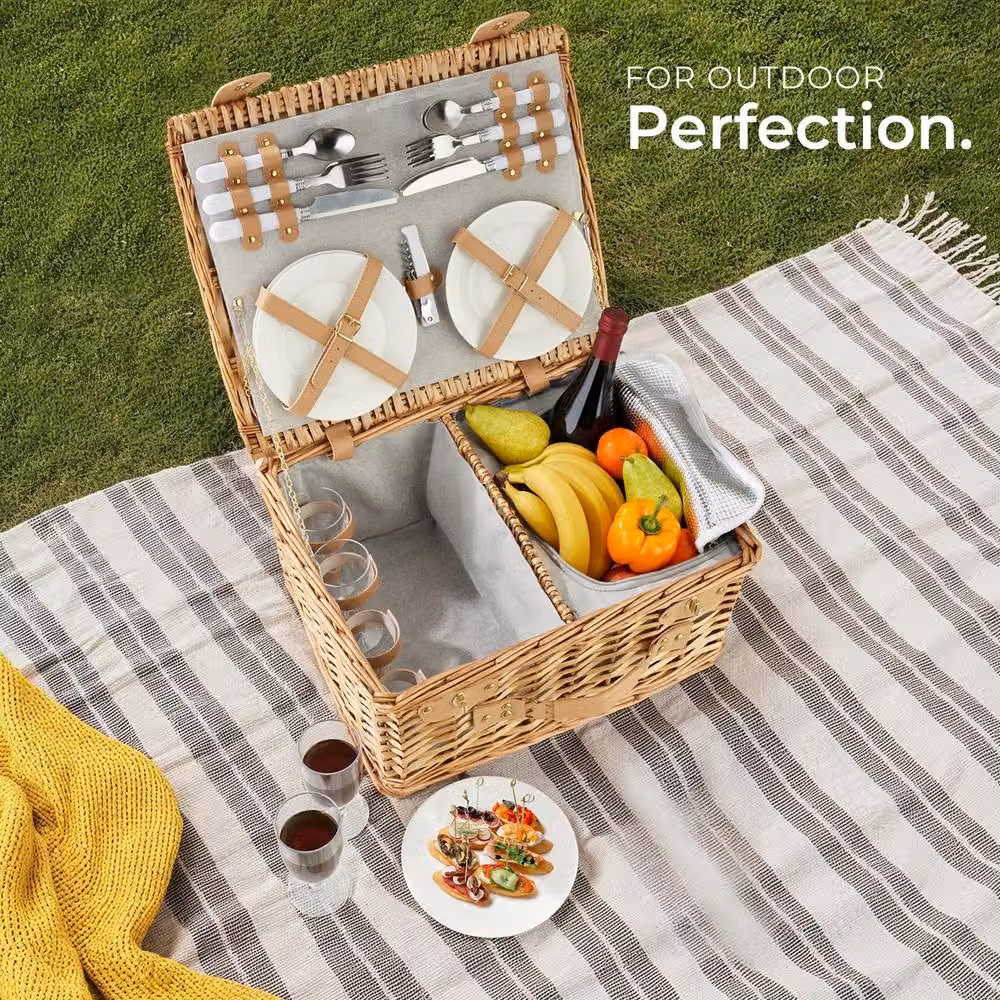 tectake Fohr Picnic Basket for 4 People with Cooler Compartment and Accessories in Brown – 5
