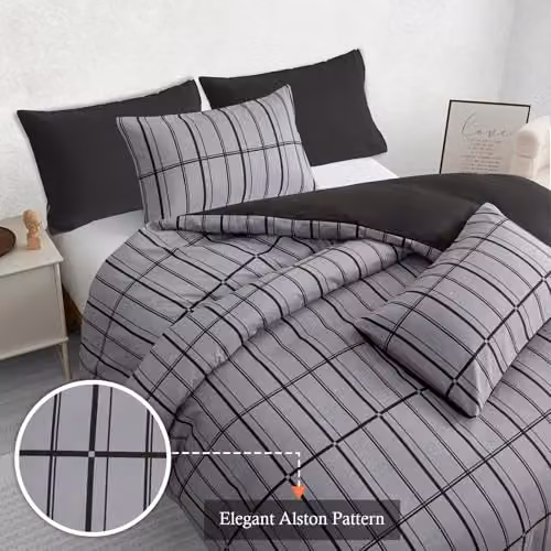 Pamposh Single Reversible Duvet Cover Set, Grey Checked Microfibre, W/D/H: 135 x 200 cm with 50 x 75 cm Pillowcase – 10