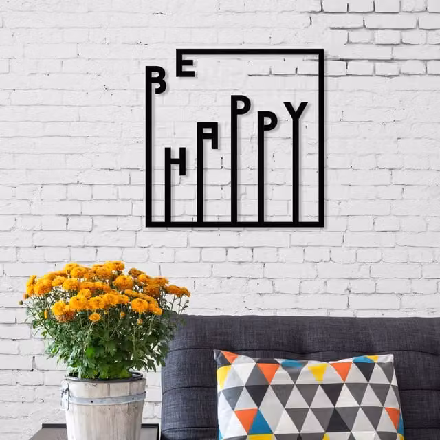 Decortie Happy Modern Metal Typography Wall Art, Black, W/D/H: 40 x 40 x 1 cm – 1