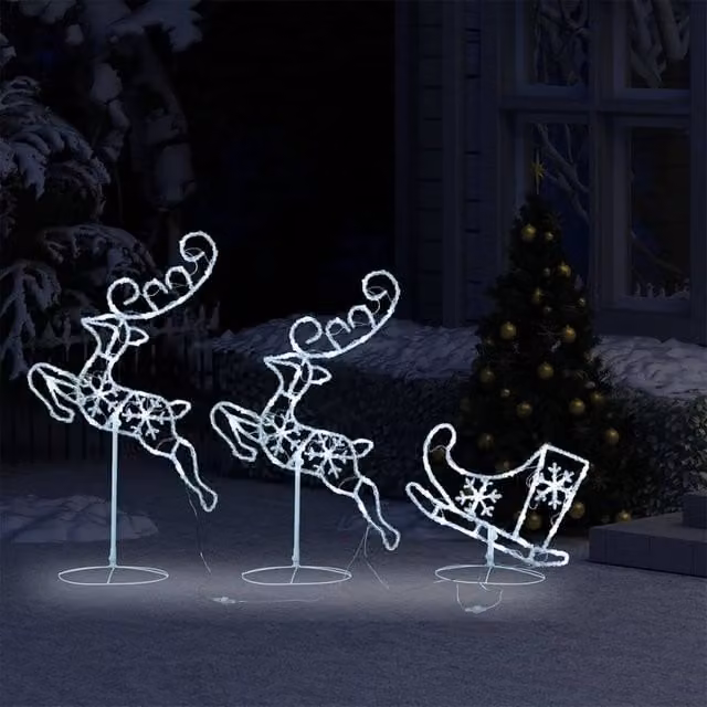 Berkfield Home Acrylic Christmas Flying Reindeer and Sleigh with LED Lights, White, W/D/H: 260 x 21 x 87 cm