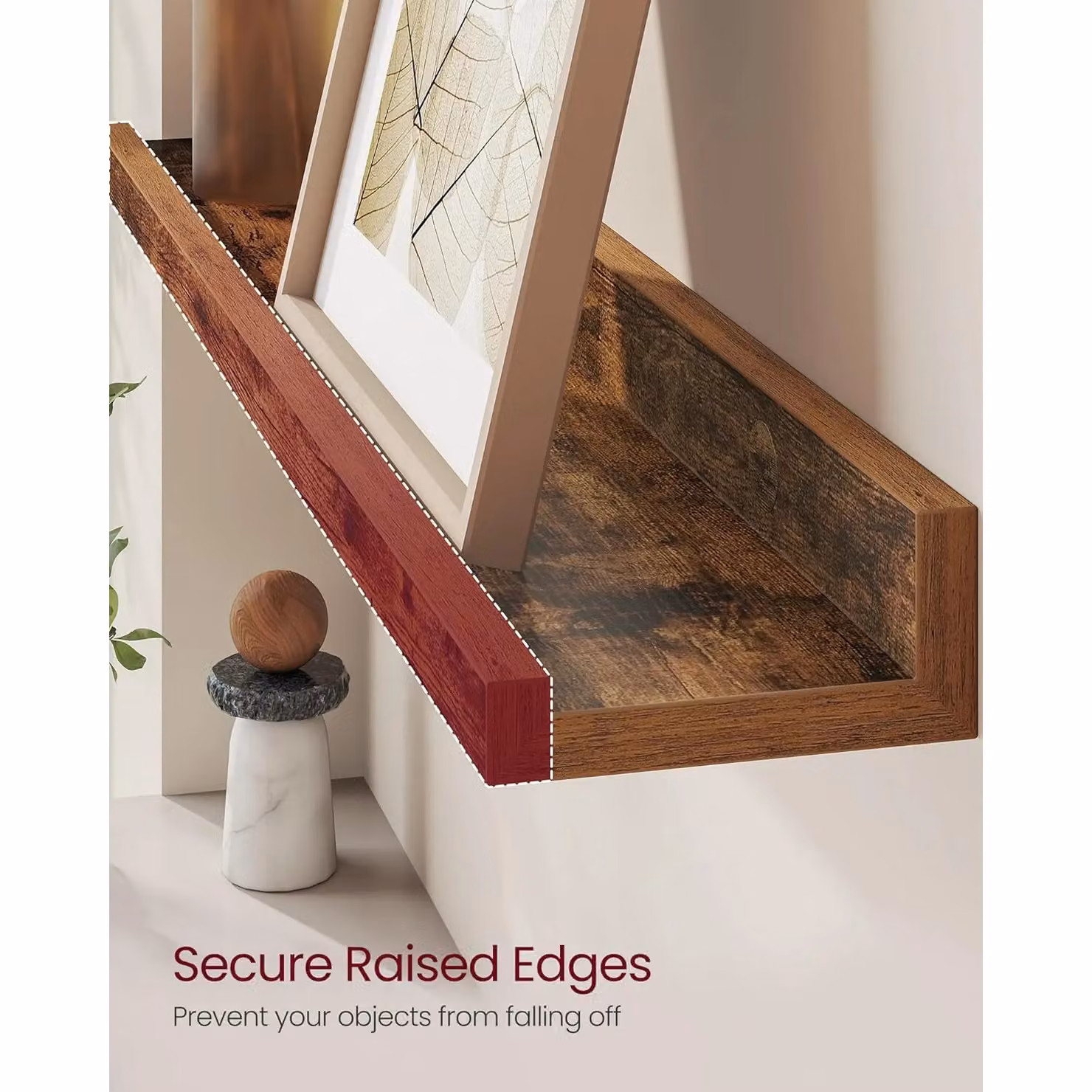 SONGMICS 2 Pieces Brown Rustic Wall Mounted Floating Shelves with Raised Edges – 2