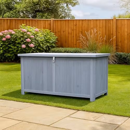 AIRWAVE Small Wooden Garden Storage Box with Lockable Showerproof Lid, 300L Fir Wood Chest for Patio Cushions and Outdoor Tools