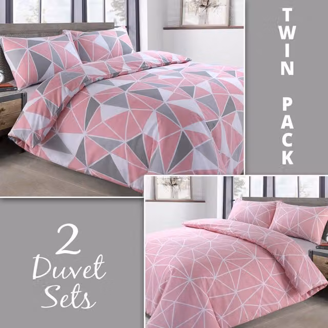 Velosso Saxton Twin Pack Grey and Pink Printed Cotton Rich Duvet Cover and Pillowcase Set