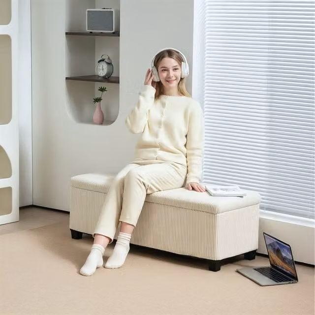 HOMCOM Beige Storage Ottoman Bench with Lid and Legs, Width: 112 cm