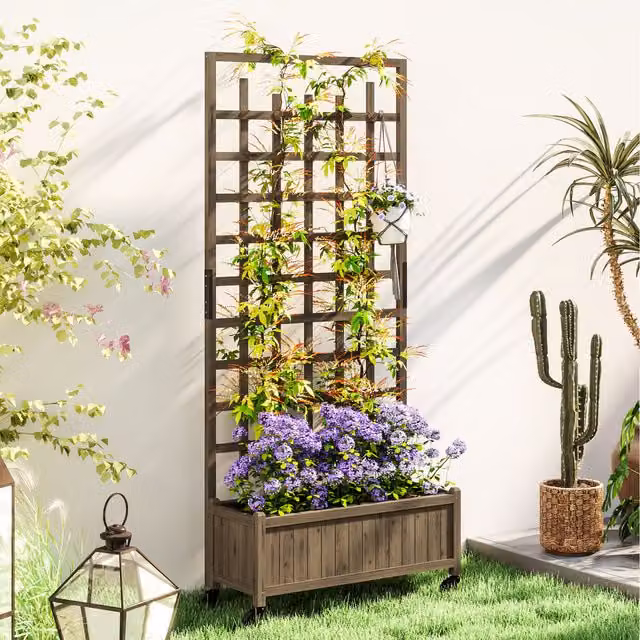 Outsunny Brown Wooden Raised Garden Bed with Trellis, Wheels and Bed Liner