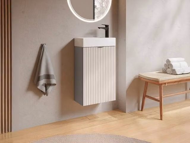 Vente-unique Striped Wall-Mounted Washbasin Unit with Reversible Doors in Beige and White, H: 60 cm, W: 22 cm, D: 16 cm
