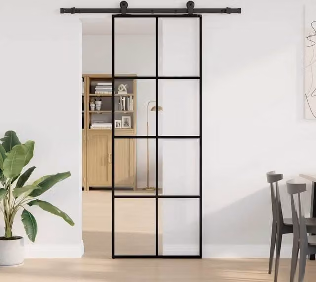 Berkfield Home Modern Sliding Door with Hardware Set, Black ESG Glass and Aluminium, W: 76 cm, H: 205 cm – 1