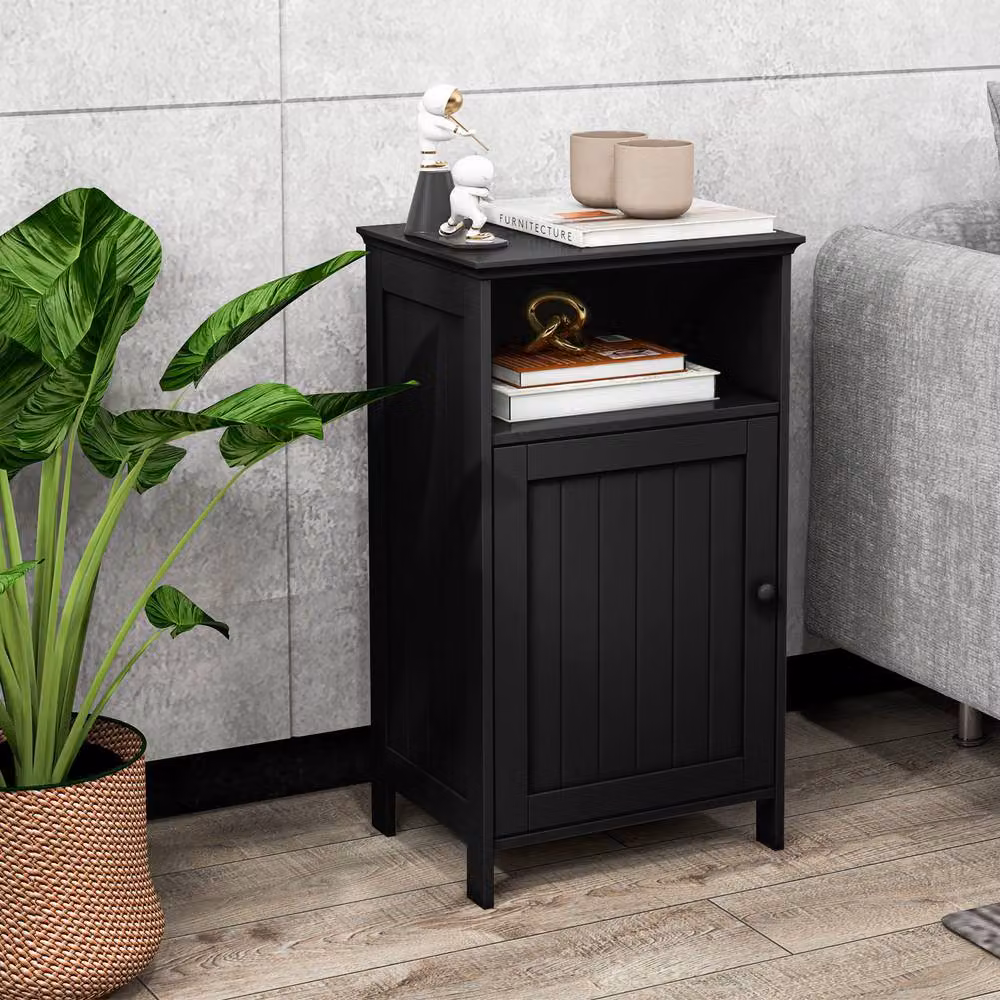 Gymax Black Lacquered Freestanding Bathroom Floor Cabinet with Single Hinged Door and Internal Shelves – 10