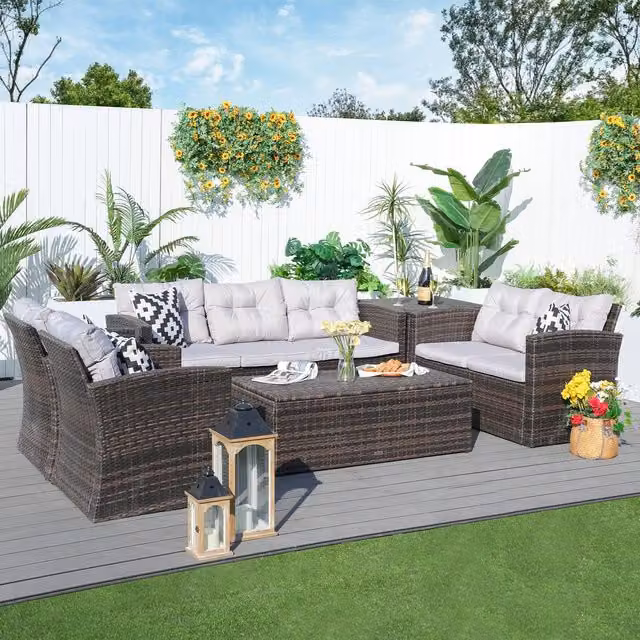 Direct Wicker 7-Seat L-Shape Rattan Garden Sofa Set with Storage Box in Brown and Grey