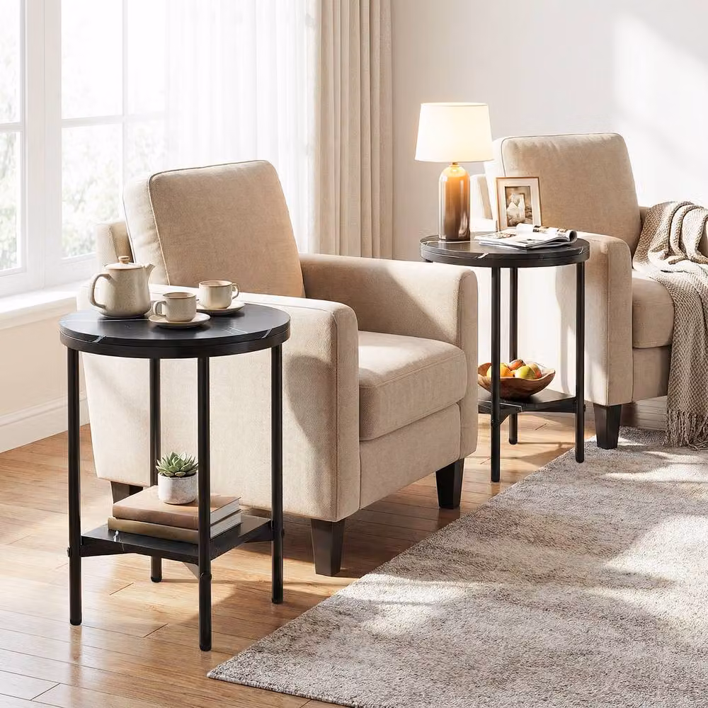 Gymax 2-Tier Round Side Table with Black Faux Marble Top and Metal X-Frame – 8