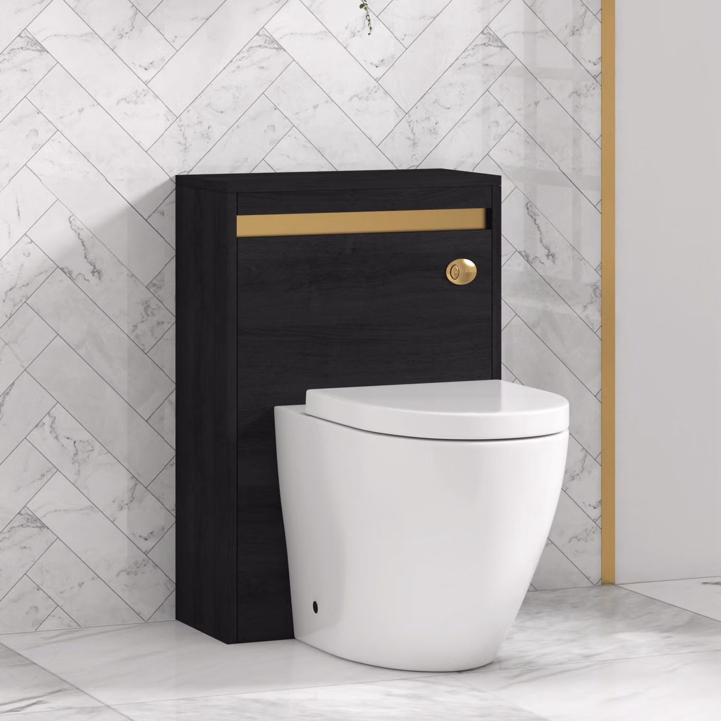 Royal Bathrooms Orion Hale Black BTW WC Unit with Elva Rimless Toilet Pan, Seat and Cistern, Brushed Brass Accent Trim, Width: 54 cm