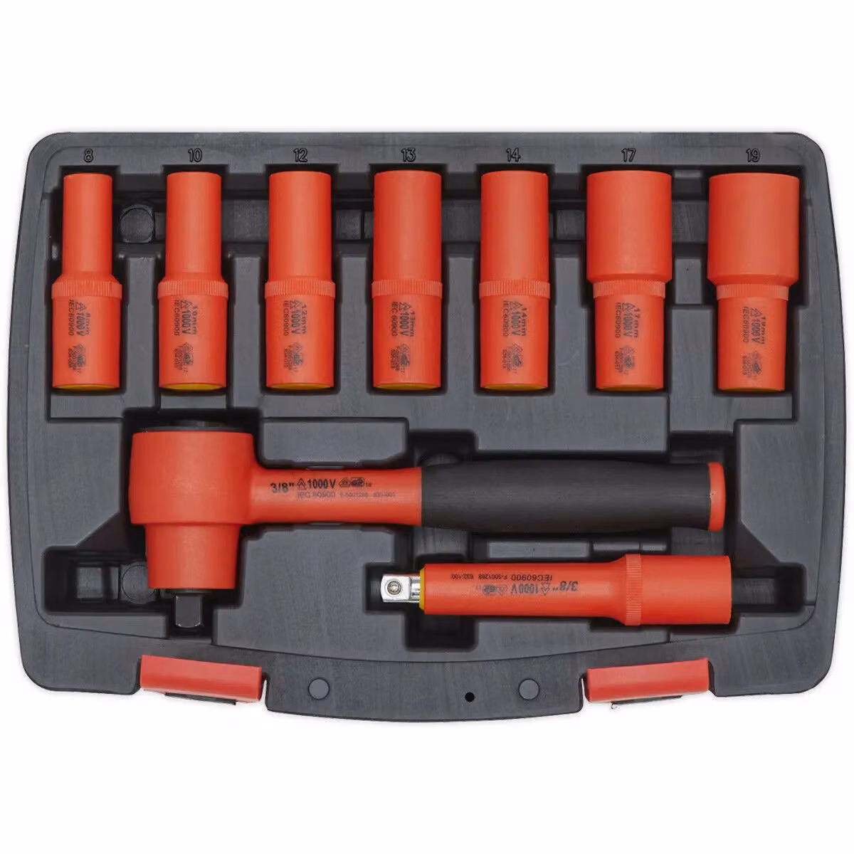 Loops 9pc VDE Insulated Socket and Ratchet Handle Set, 3/8 inch Square Drive, 6 Point Metric, Red and Multicolour – 4