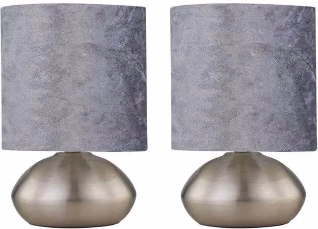 First Choice Lighting Jenson Set of 2 Brushed Chrome Touch Table Lamps with Grey Fabric Shades – 1