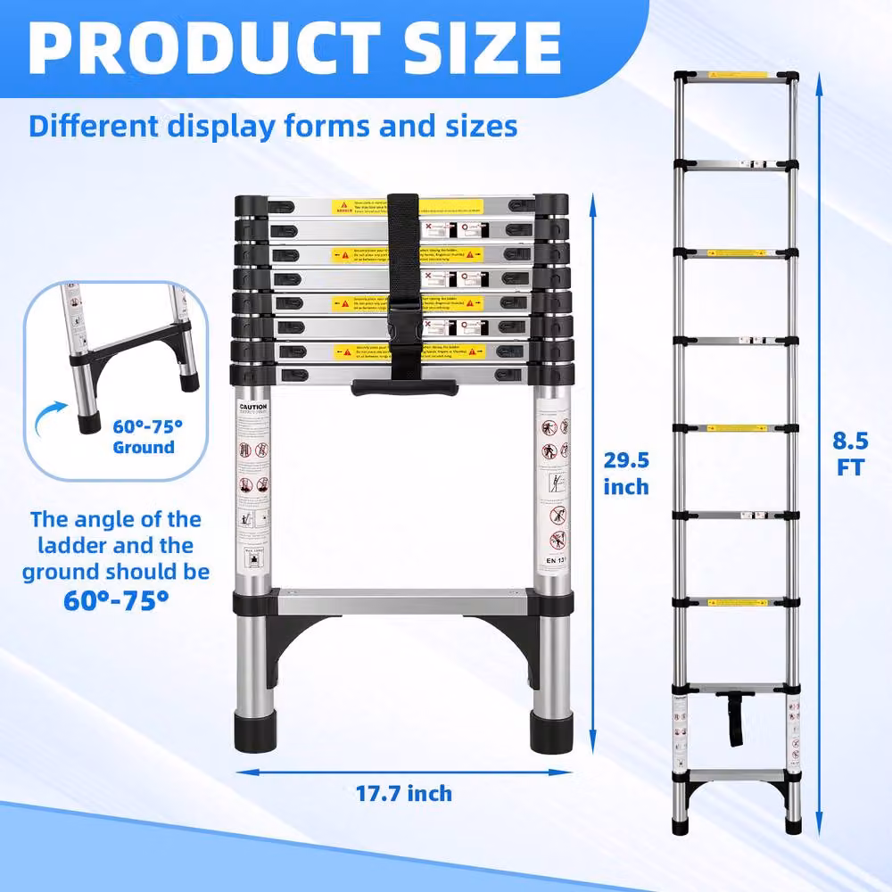 Alivio Heavy Duty Telescopic Extension Ladder, 2.6m, Silver, 150kg Capacity – 4