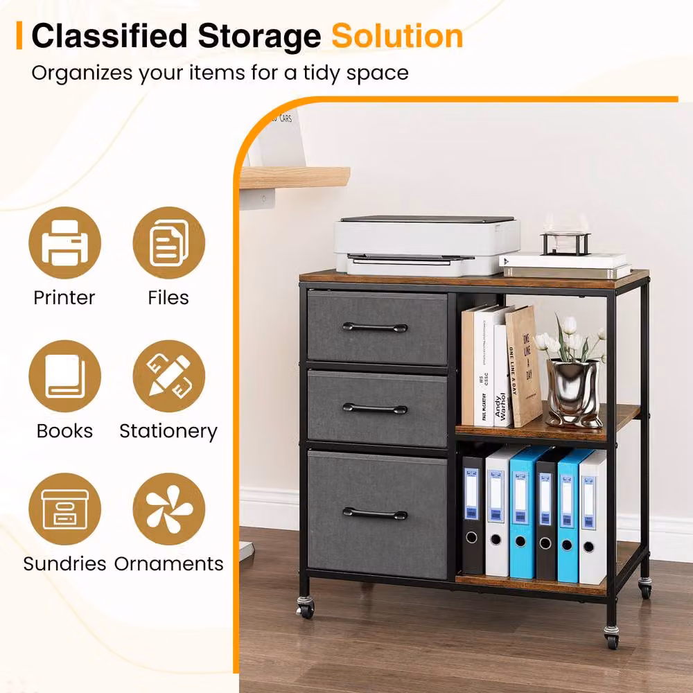Costway 3 Drawer Mobile File Cabinet and Rolling Printer Stand in Brown – 11