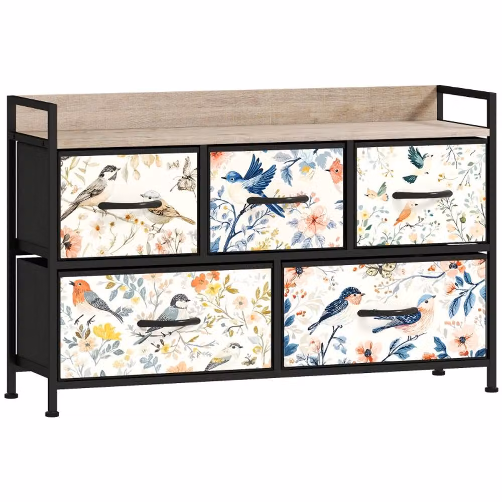 STILVORA Modern 5-Drawer Chest of Drawers with Abstract Multicolour Design in White and Metal – 5