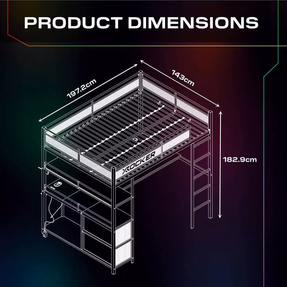 X Rocker Battlebunk XL RGB LED Double High Sleeper Gaming Bunk Bed with Desk and Under-Bed Lighting, Black, W/D/H: 200 x 140 x 182.9 cm – 2