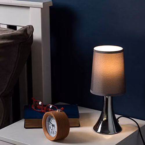 ValueLights MiniSun Modern Dimmable Touch Table Lamp with Chrome Base and Grey Fabric Shade – 2