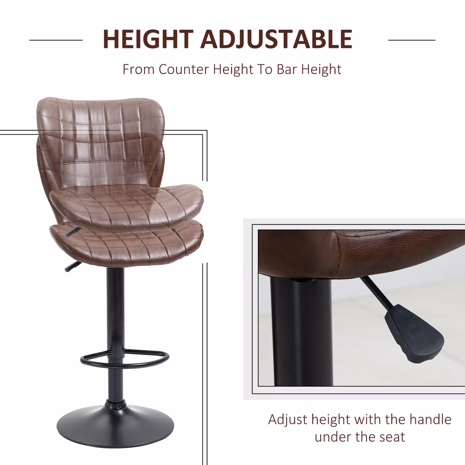 HOMCOM Set of 2 Adjustable Height Swivel Bar Stools in Brown PU Leather with Backrest and Footrest – 4