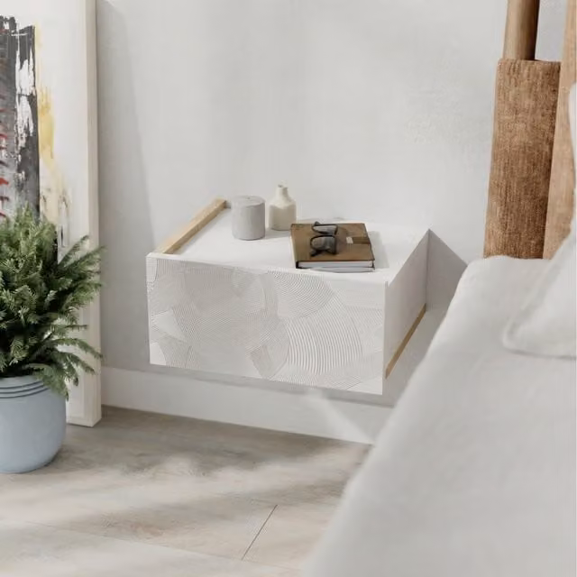 Decortie Onda Modern Wall Mounted Bedside Table with Integrated Lighting in White