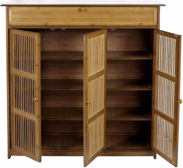 Kelvenix Bamboo Tall Shoe Cabinet in Brown with Hinged Doors and Internal Shelves – 1