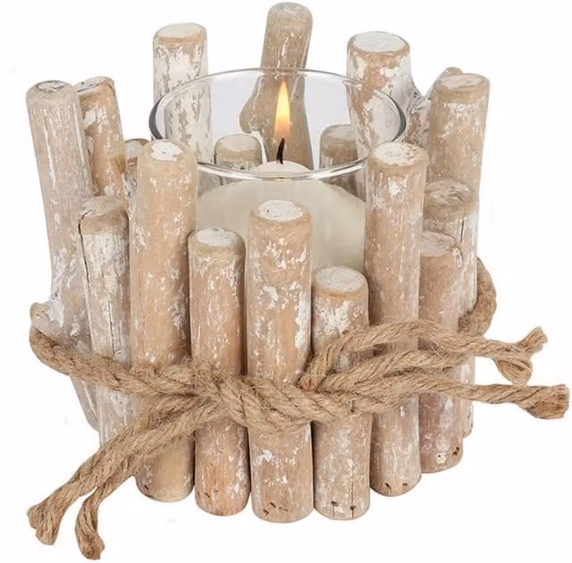 KDMK Maritime Driftwood Tealight Candle Holder in Brown and White