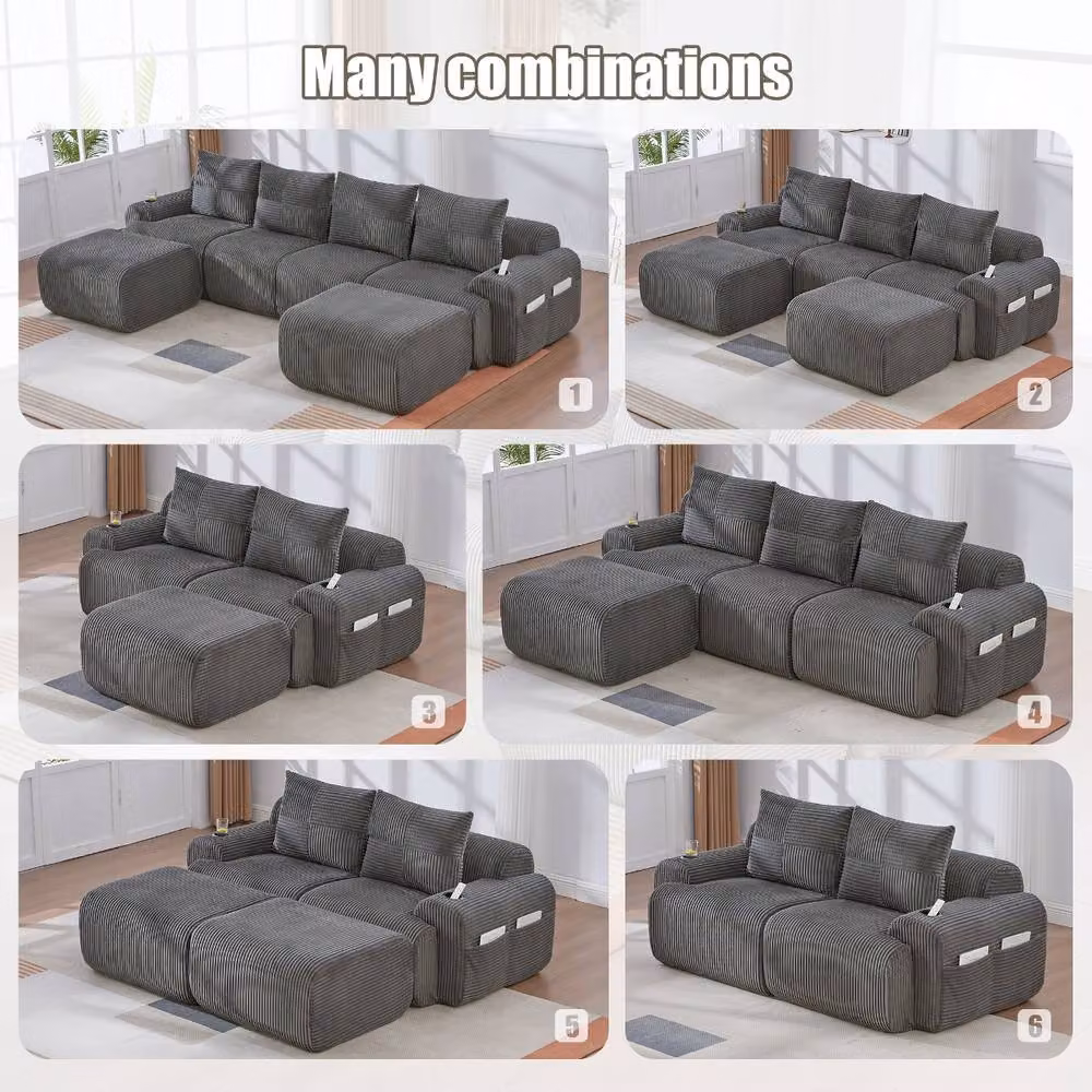 Rolipo Dark Grey Modular 2-Seater Corduroy Sofa with Matching Ottoman and Storage – 4