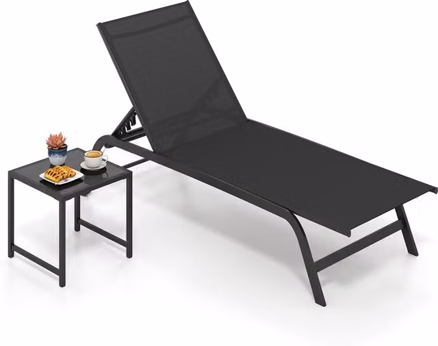 Costway Black Outdoor Chaise Lounge Chair Set with Adjustable Headrest, Side Tray and Castors