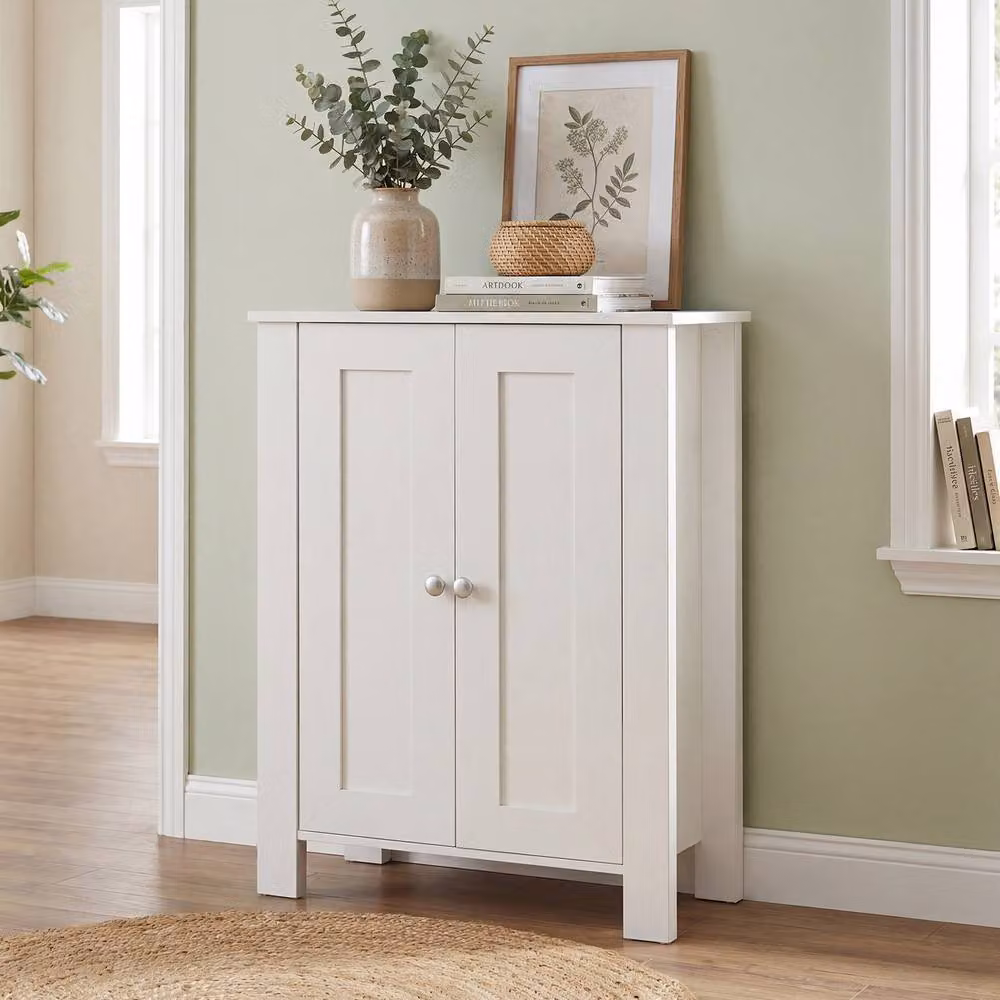 Costway Modern White Wooden Bathroom Floor Cabinet with Double Hinged Doors and Internal Shelves – 2