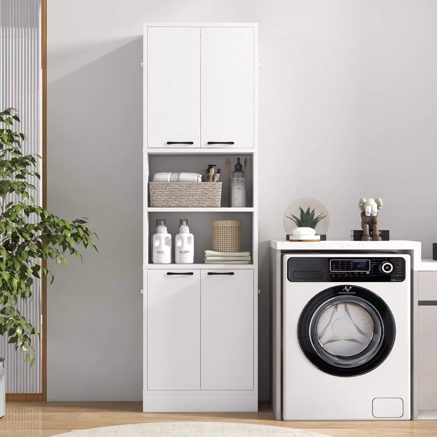 Gymax White Freestanding Tall Kitchen Cabinet with Hinged Doors and Internal Shelves, Height: 190 cm – 2