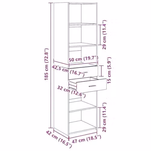 vidaXL Modern Black Highboard with Internal Drawers and Shelves, W/D/H: 50 x 42.5 x 185 cm – 3