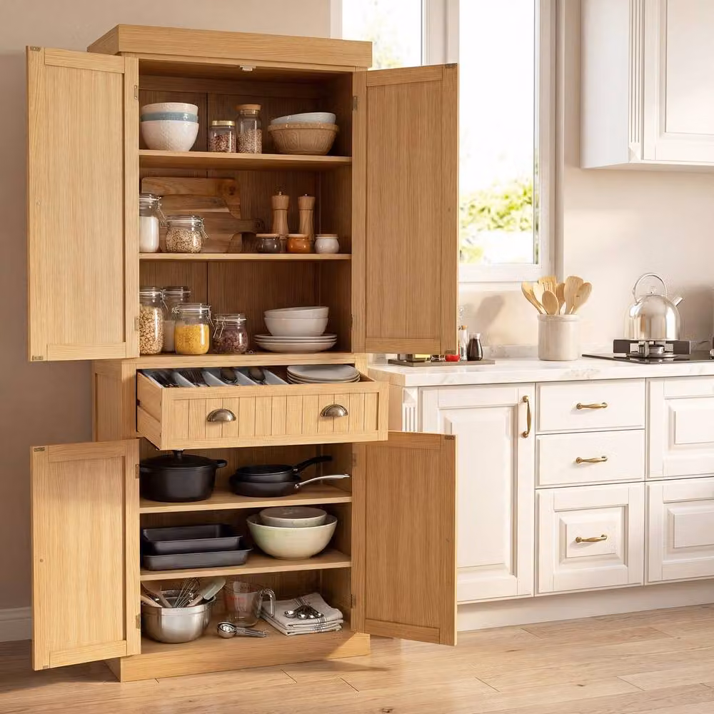 Costway Tall Wooden Kitchen Cupboard and Buffet Pantry Storage Cabinet with Drawers in Beige, Sand or Brown – 2