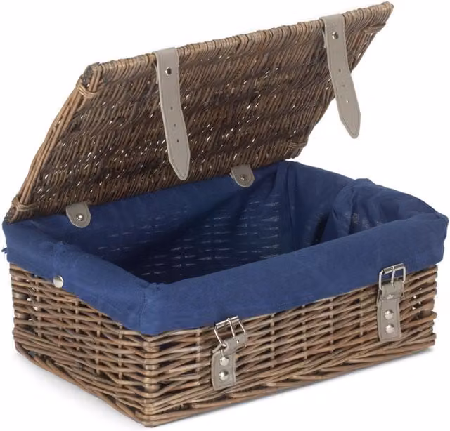 Red Hamper Wicker Basket with Blue Cotton Lining and Handles