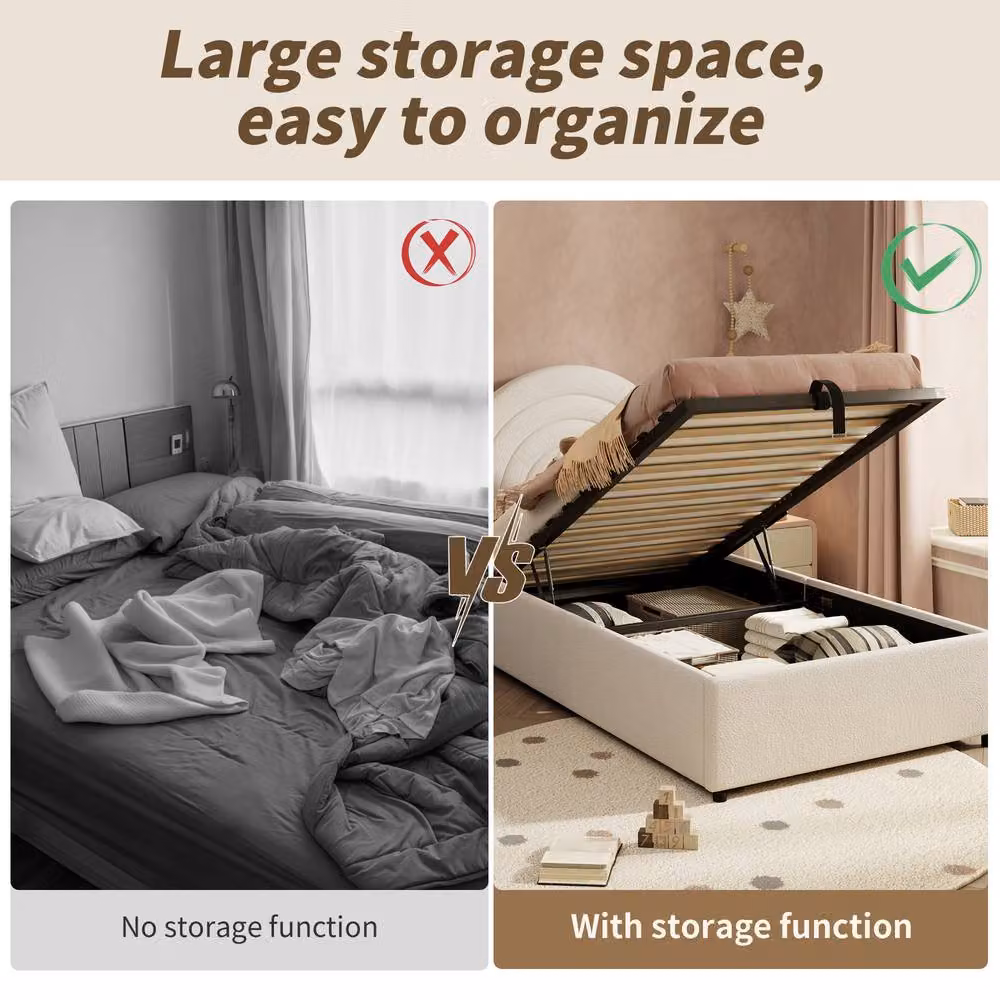 Matteo Beige Bouclé Upholstered Single Bed Frame with Hydraulic Storage – 3