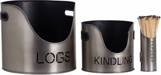 KDMD Silver Pewter Finish Logs, Kindling Buckets and Matchstick Holder Set – 1