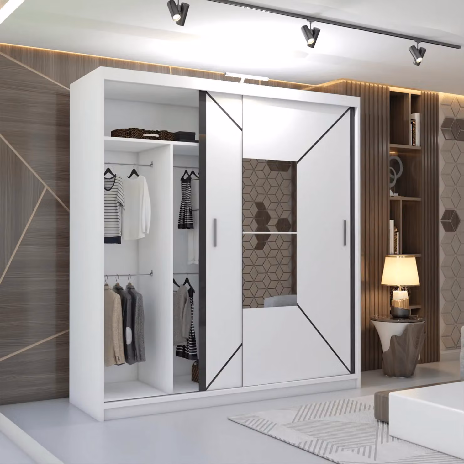 MN Furniture Naxos Sliding Mirror Wardrobe with Integrated LED Light in White W/D/H: 203 x 217 cm – 2