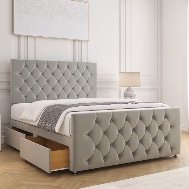 BSSPOKE Maya Super King Plush Velvet Divan Bed with 24 inch Headboard, 2 Drawers, Footend and Mattress in Silver, W/D/H: 200 x 200 cm