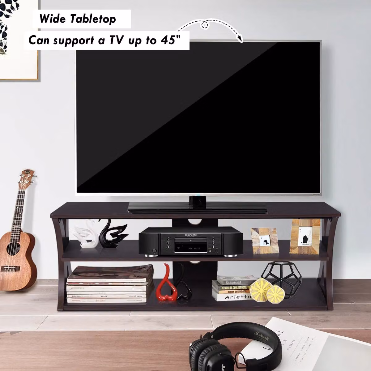 Costway 3-Tier Modern Media Console TV Stand with Storage Cabinet in Dark Brown – 6