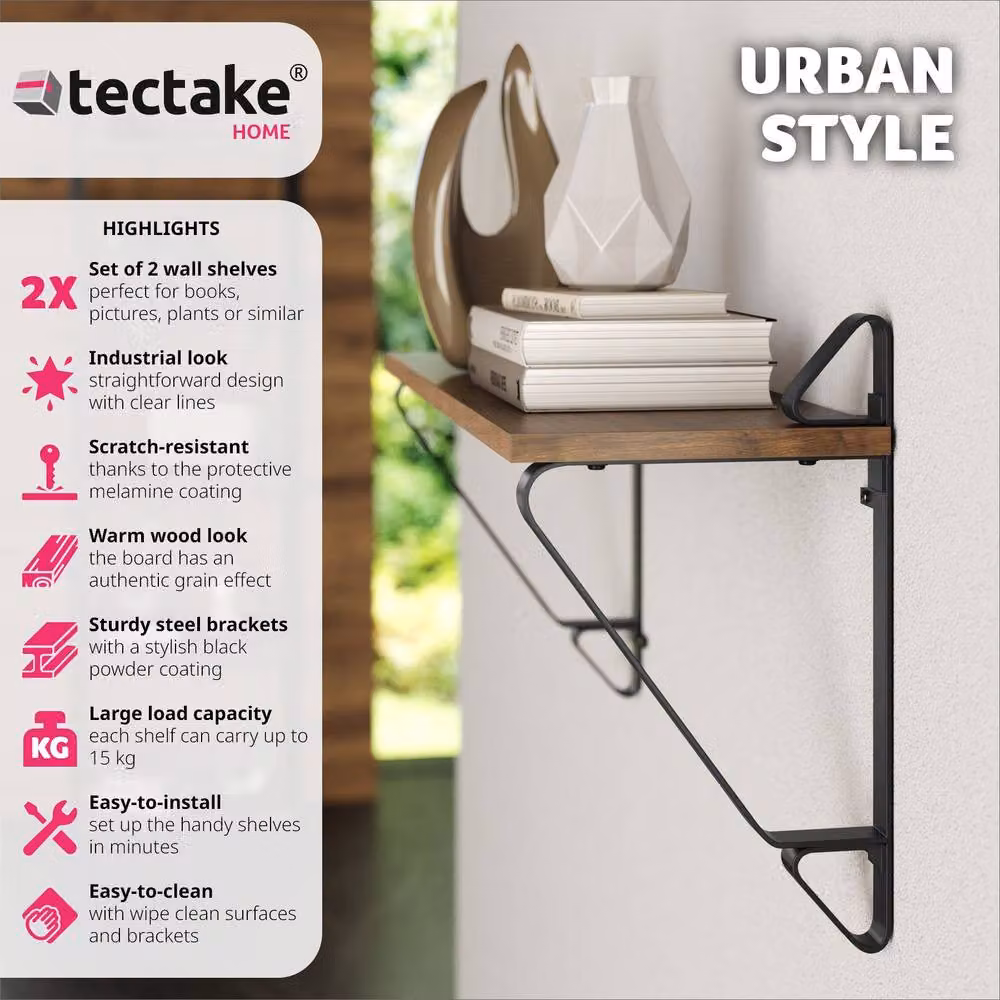 tectake Irvine Wall Shelves Set of 2, Brown Wood and Metal Look Rustic Design – 2